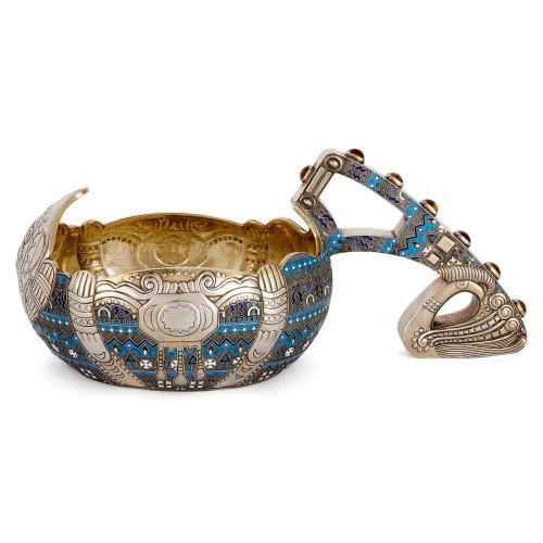 Very large Russian silver and cloisonné enamel kovsch