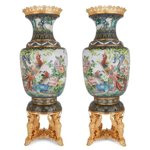 Pair of monumental ormolu-mounted Chinese cloisonné enamel vases