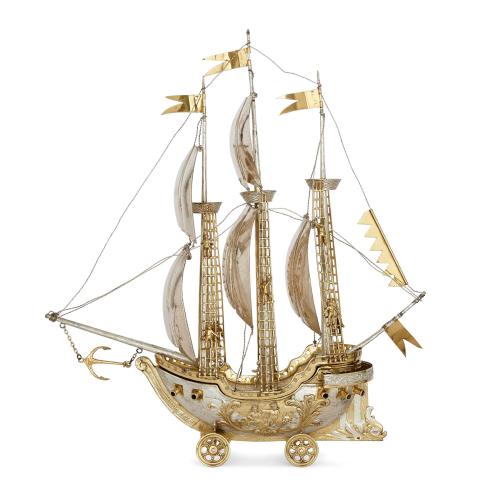 Silver and vermeil nef in the form of a galleon