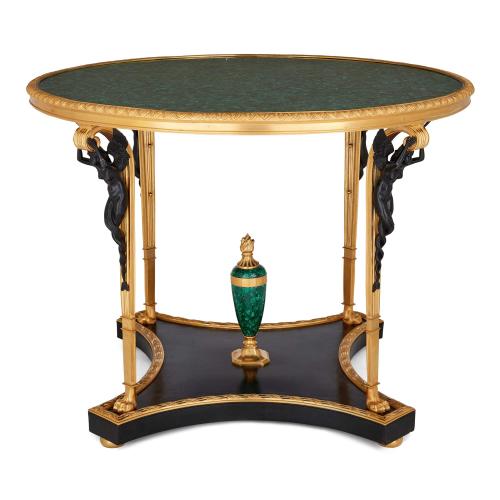 Empire style malachite, gilt and patinated bronze round centre table