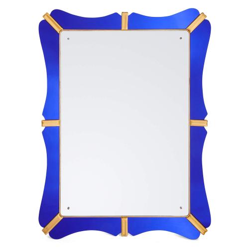 Very large Art Deco period blue glass and giltwood mirror