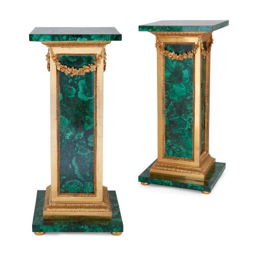 Pair of Neoclassical style ormolu mounted malachite pedestals