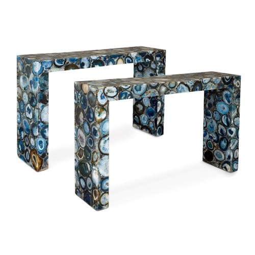 Pair of modern blue agate console tables 