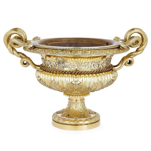 Large antique Belgian silver gilt vase with snake handles