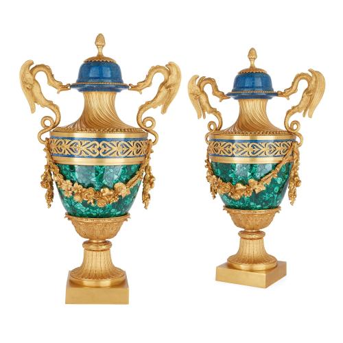 Pair of Empire style ormolu mounted malachite and lapis lazuli vases