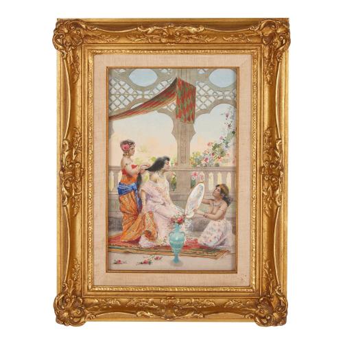 Antique Orientalist watercolour of a dressing scene by A. Fabbi
