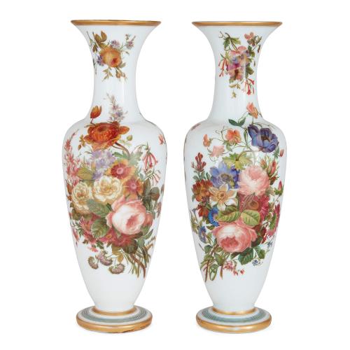 Large antique pair of floral opaline glass vases by Baccarat 