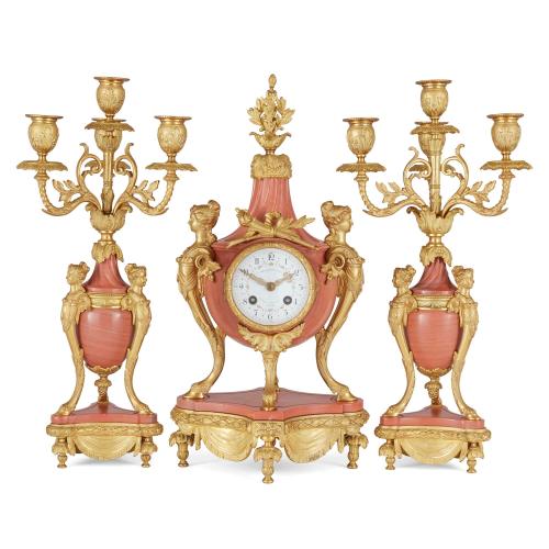 French pink marble and gilt bronze clock garniture, 19th century