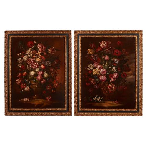 Pair of large Old Master-style floral still life paintings
