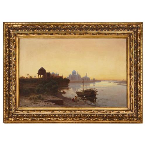 The Taj Mahal at sunset by Fischer, 19th Century oil painting