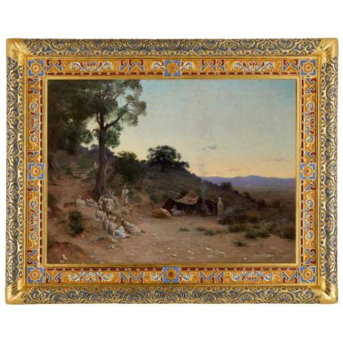 Large antique Orientalist sunset oil painting by Lazerges 