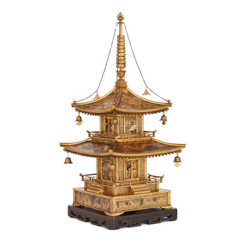 Fine Komai inlaid-iron pagoda model, Japanese Meiji period