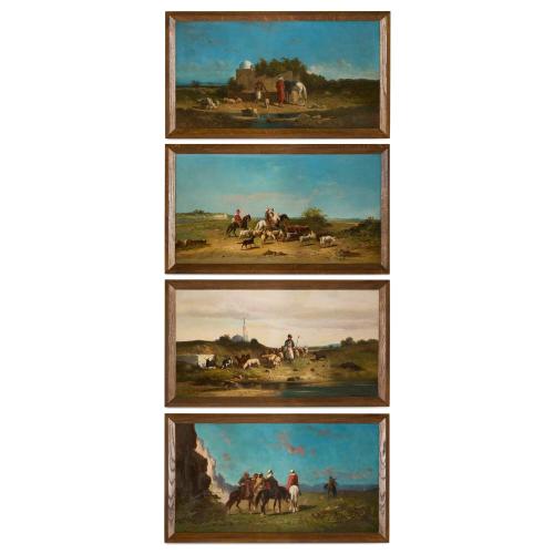Set of four antique Orientalist oil paintings with horses, 1879