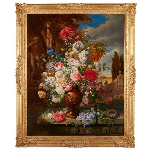 Large antique floral still life painting by W. J. Wainwright