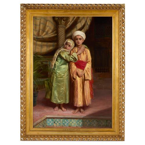 Large Orientalist oil painting of two siblings by Burgess