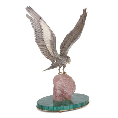 Italian silver and rose quartz model of an eagle by Cervone