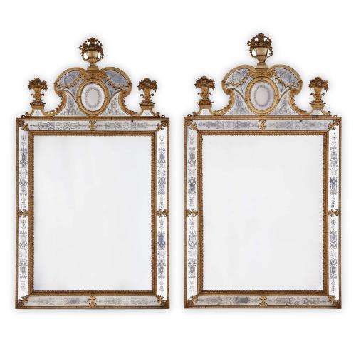 Large pair of Swedish 19th century gilt and engraved glass mirrors