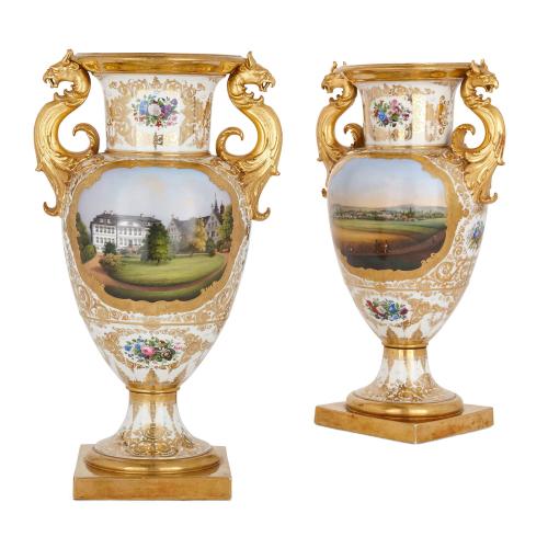 Large and impressive pair of German porcelain vases by KPM