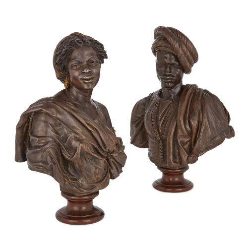 Pair of antique Orientalist patinated bronze busts by Cordier