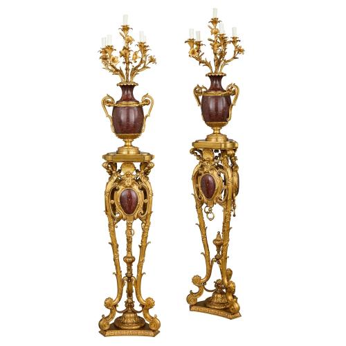 Large pair of Rouge Royal marble and ormolu candelabra by Sormani