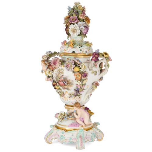 Large antique Meissen Rococo-style lidded potpourri vase