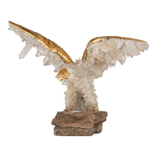 Very large silver-gilt, quartz crystal and pyrite model of an eagle