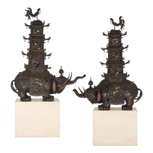 Pair of Japanese Meiji era bronze elephant koro by Hasegawa Toyokuni