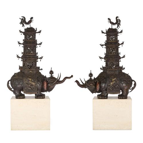 Pair of Japanese Meiji era bronze elephant koro by Hasegawa