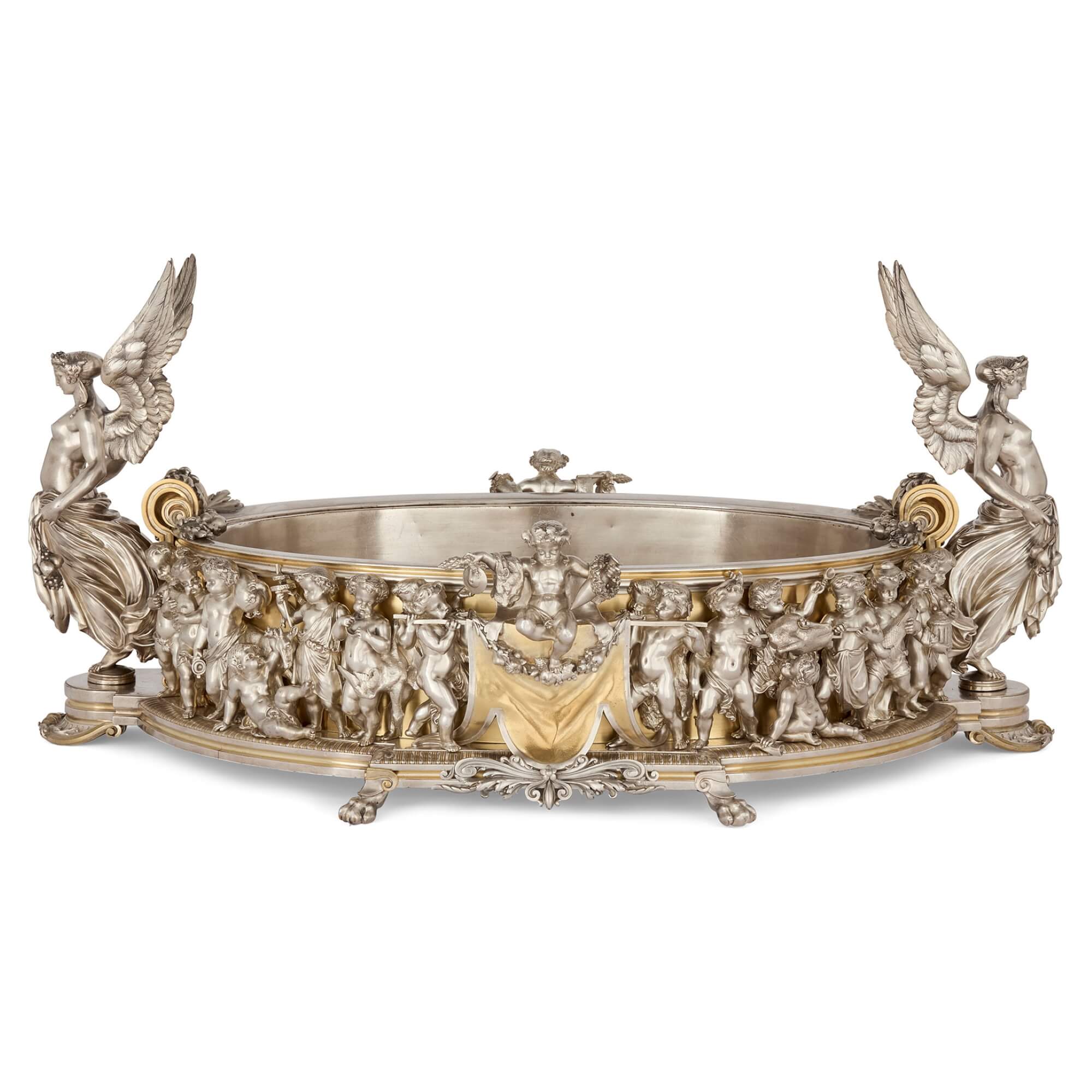 Magnificent sculptural silvered and gilt jardinière by