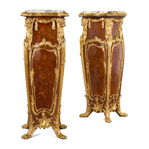 Superb pair of antique marble and ormolu mounted marquetry pedestals
