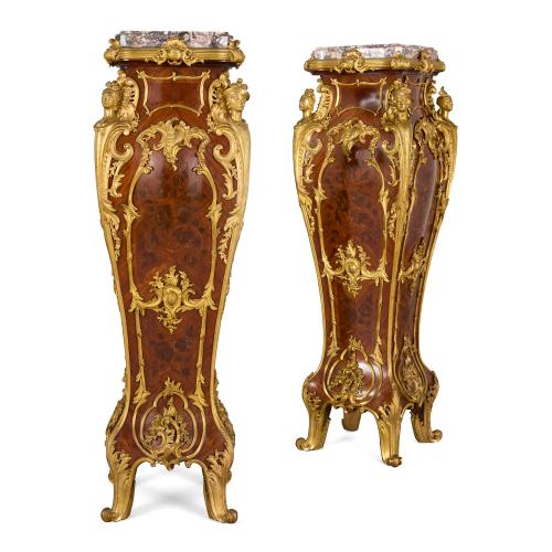 Pair of Louis XV style marble and ormolu mounted marquetry pedestals