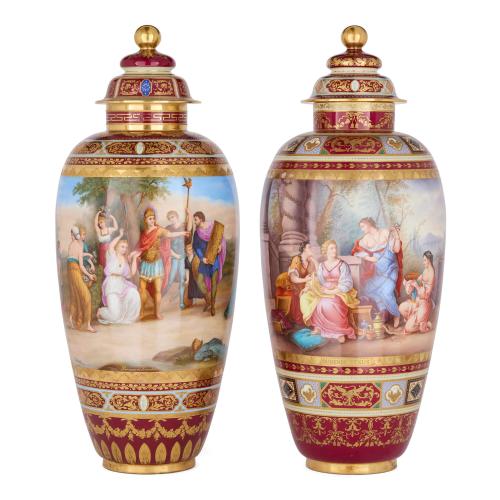 Large antique near pair of Royal Vienna porcelain vases