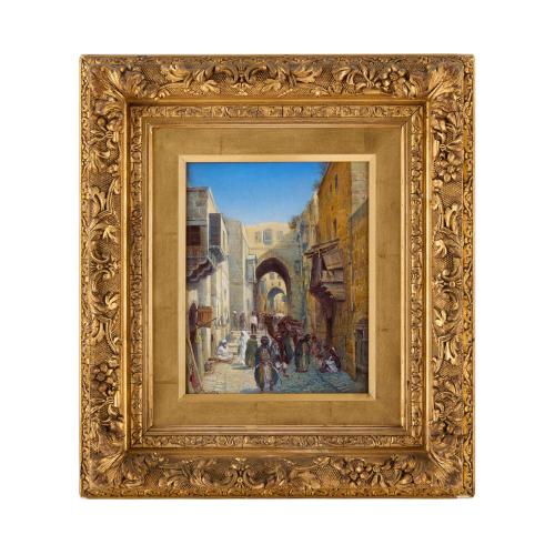 Antique Orientalist oil painting of a street scene by Ellis 