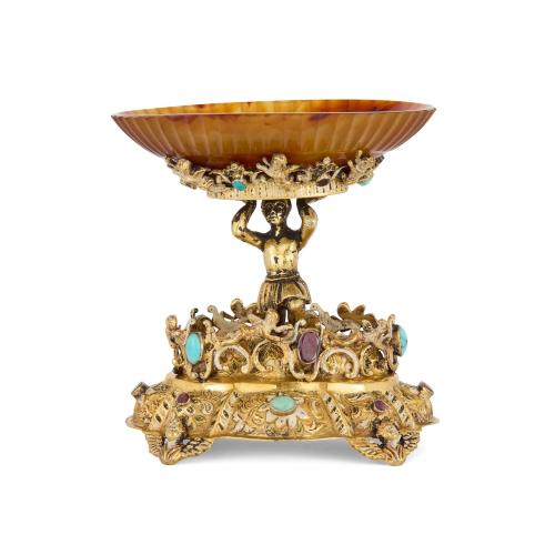 Antique agate and silver-gilt tazza with semi-precious stones