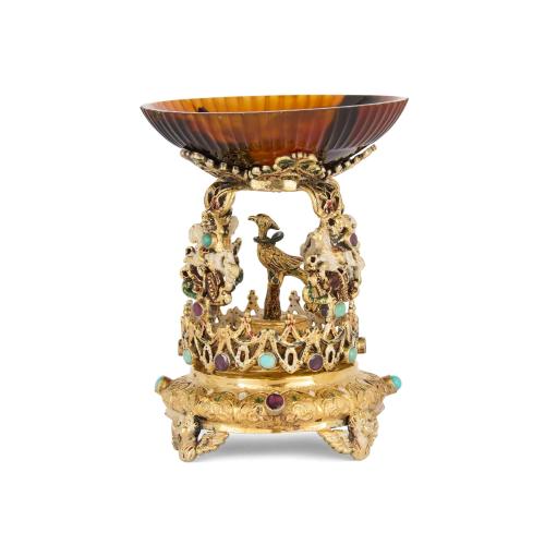 Antique Viennese silver-gilt, agate, and opal-encrusted tazza