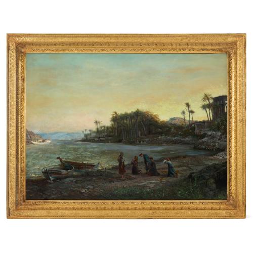 Large antique Orientalist painting of shoreline prayer, Van Elven