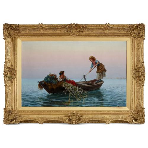 'On the Lagoons', oil painting of Venice at sunset by Gabrini