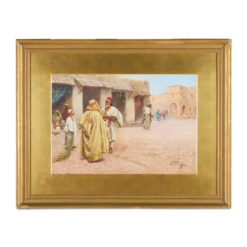 Italian Orientalist watercolour painting of a market square by Rosati