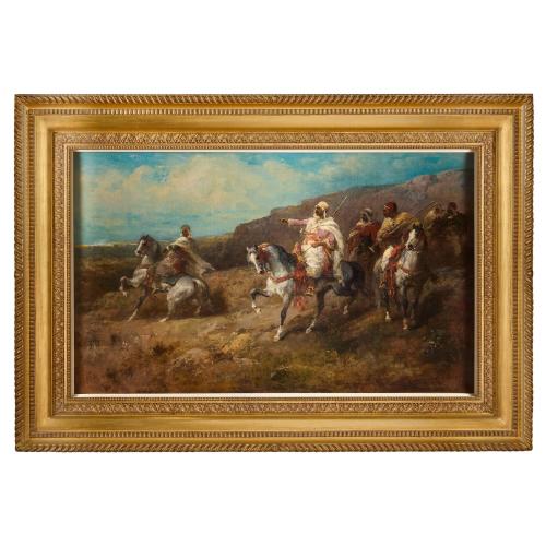 Large Orientalist oil painting of Arabian horsemen by Schreyer