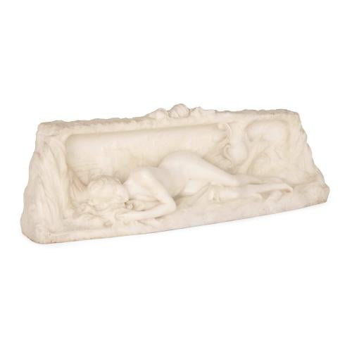 ‘La Seine’, antique figural white marble relief sculpture by Puech