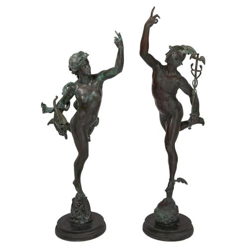 Very large pair of patinated bronze figures of Mercury and Fortuna