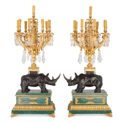 Pair of large ormolu and malachite rhinoceros table candelabra