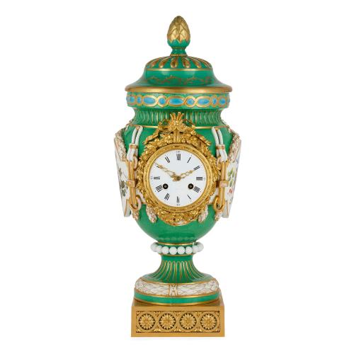 Antique French Sèvres-style green ground porcelain mantel clock
