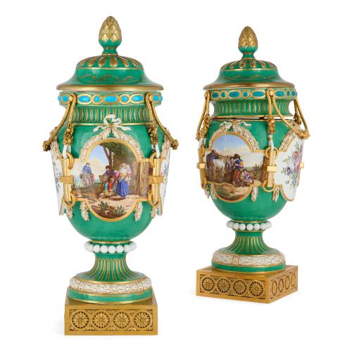 Pair of antique French green ground porcelain vases by Sèvres