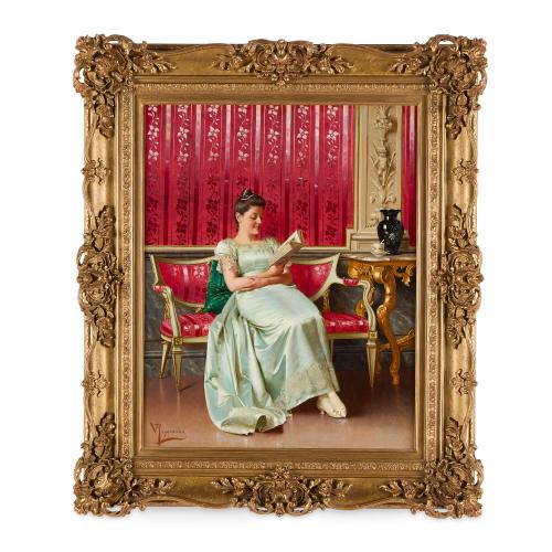 19th century Italian oil painting of a lady reading by Reggianini 