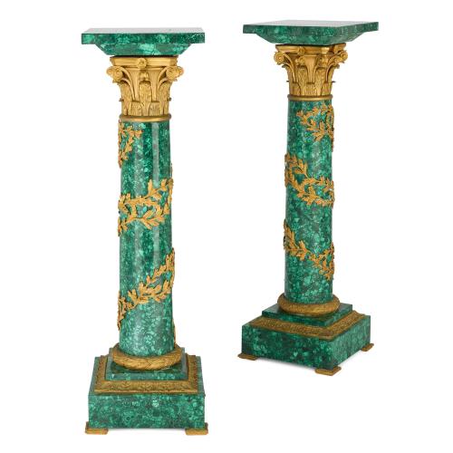 Pair of Empire style malachite and ormolu pedestals