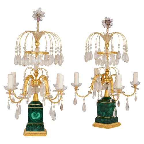 Pair of Louis XVI style rock crystal, quartz, malachite and ormolu girandoles