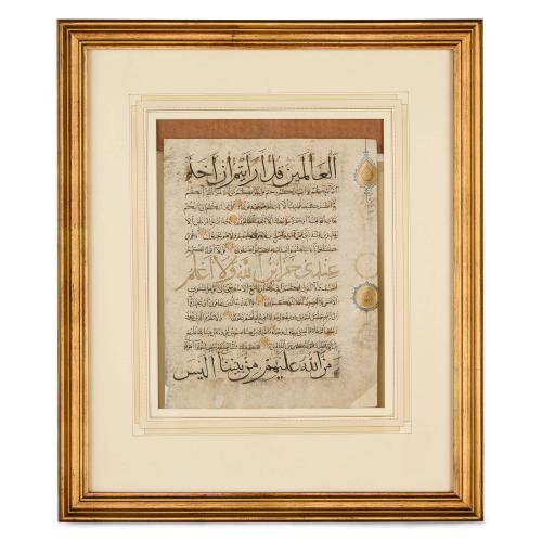 North African Qur’anic manuscript leaf in Maghribi mujawhar script ...