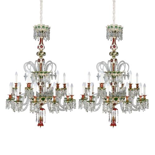 Pair of large antique Baccarat overlay glass chandeliers