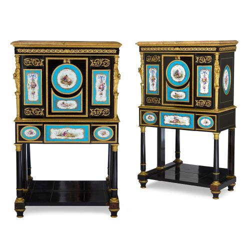 Pair of Victorian porcelain, ormolu and marble mounted secretaires